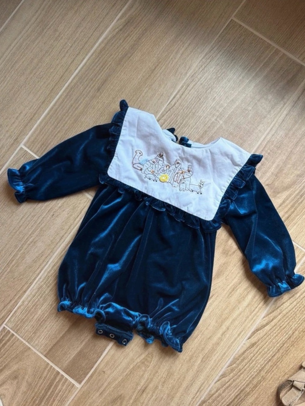 Busy bees smocks Navy Velvet Baby Romper with nativity scene Embroidered Bib